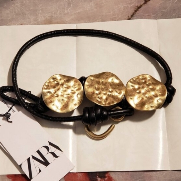 Nwt Zara Black Tubular Cord Belt Metal Trim Hammered Gold Appliqués Med M main image 8